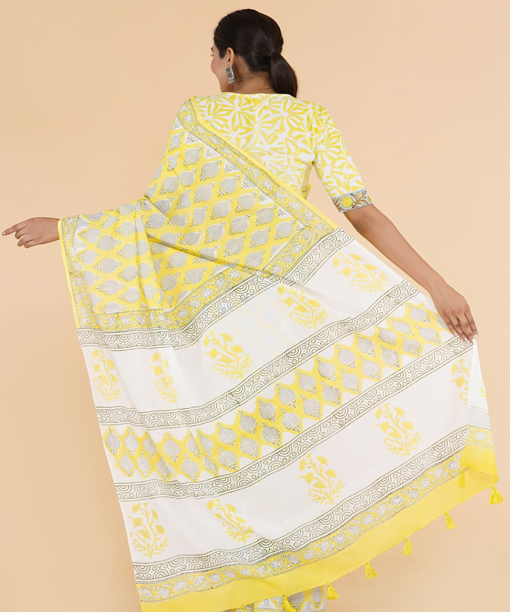 Yellow offwhite hand sanganeri printed cotton saree