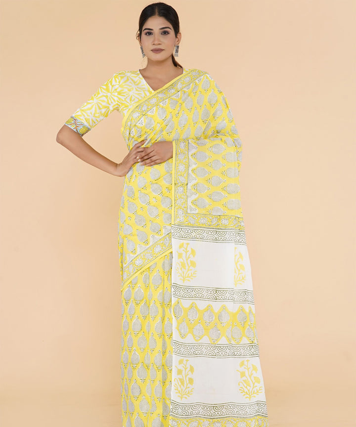 Yellow offwhite hand sanganeri printed cotton saree