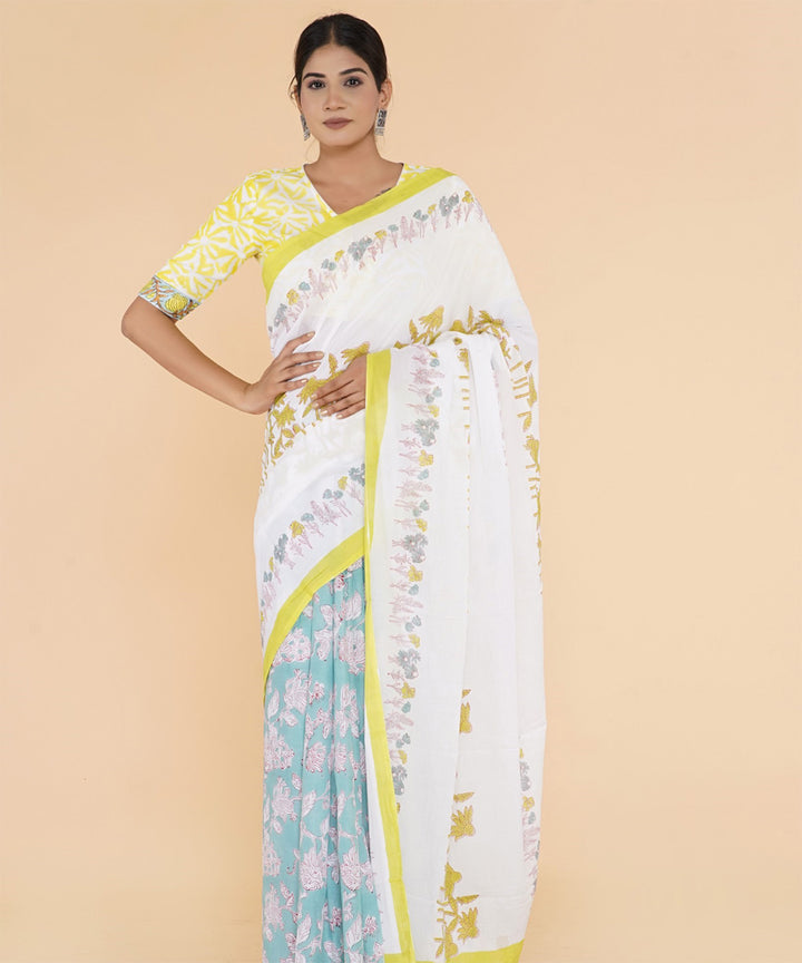 Yellow cyan blue hand sanganeri printed cotton saree