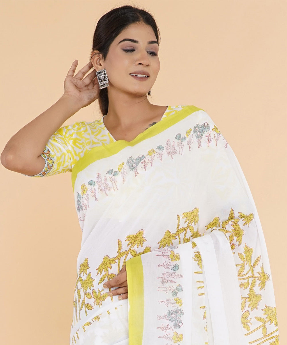 Yellow cyan blue hand sanganeri printed cotton saree