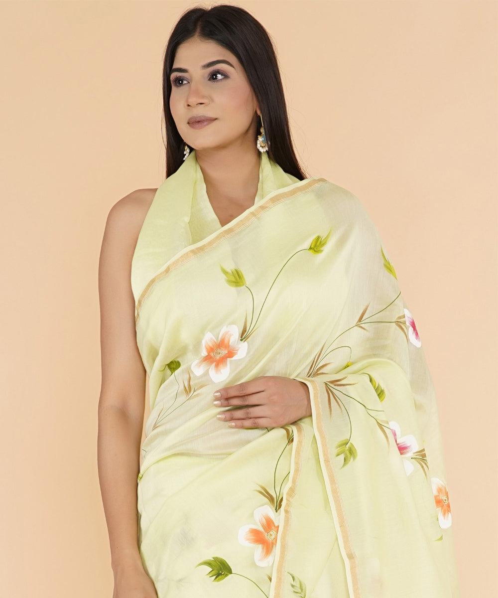 Yellow pink hand prinred cotton silk sanganeri saree