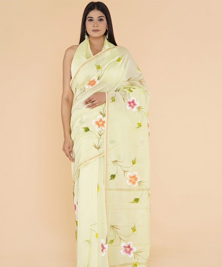 Yellow pink hand prinred cotton silk sanganeri saree