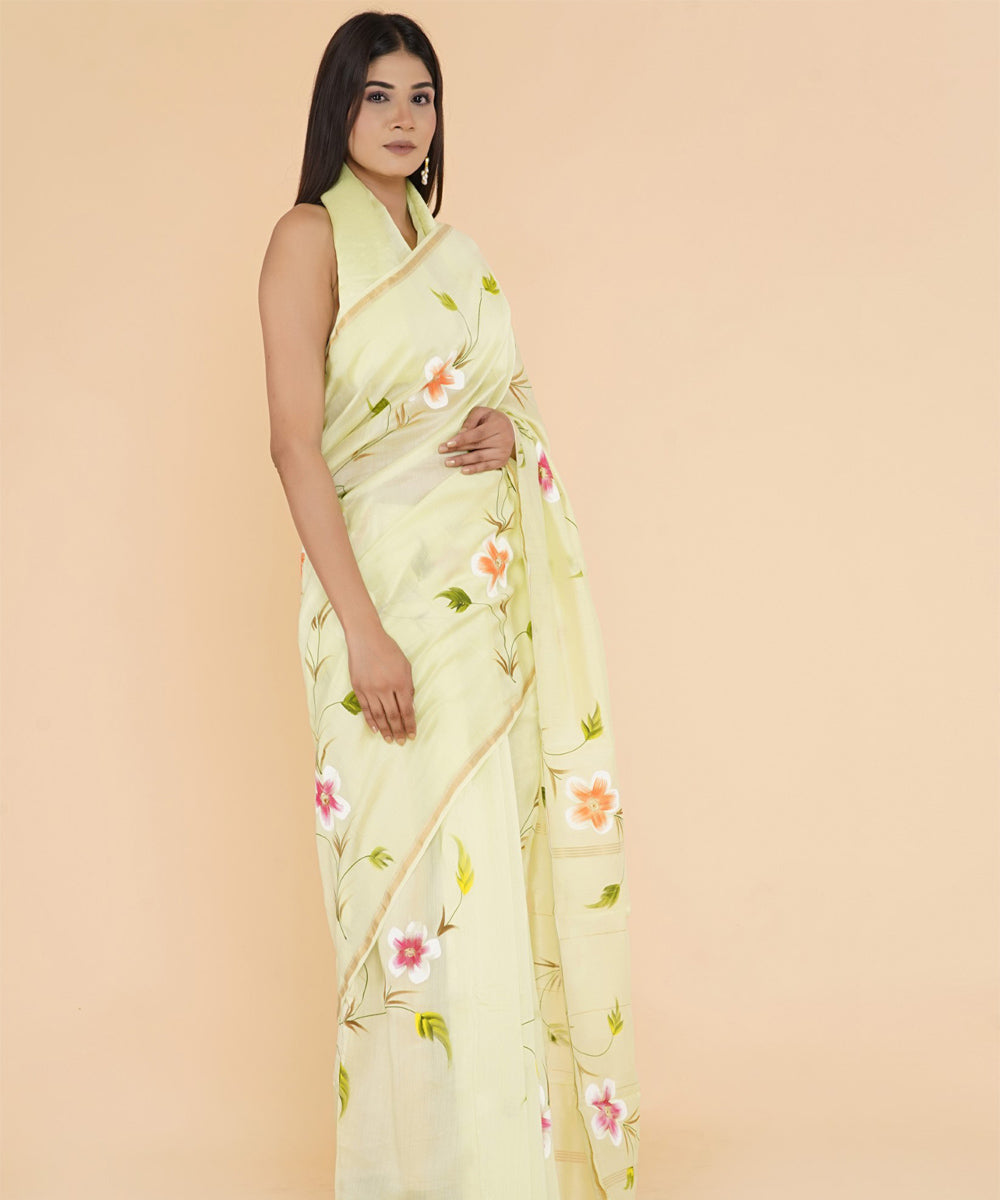 Yellow pink hand prinred cotton silk sanganeri saree