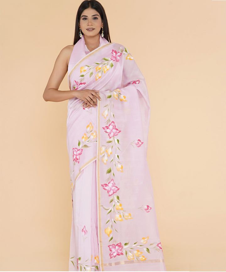 Pink yellow hand sanganeri prinred cotton silk saree