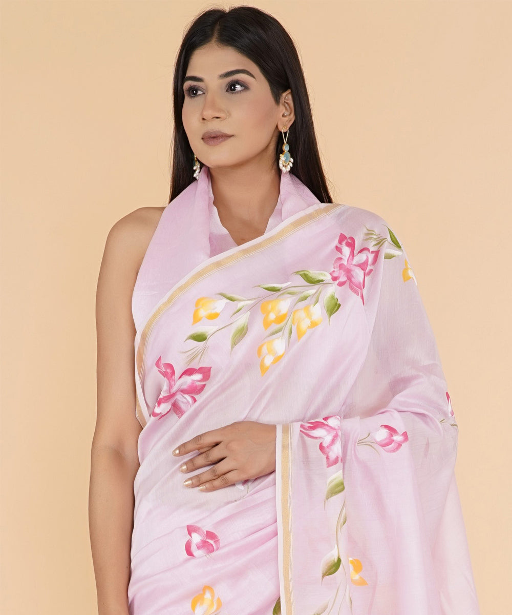 Pink yellow hand sanganeri prinred cotton silk saree