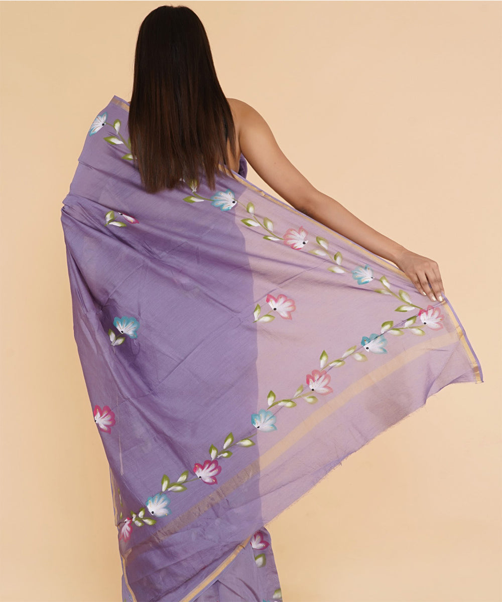 Purple hand sanganeri prinred cotton silk saree