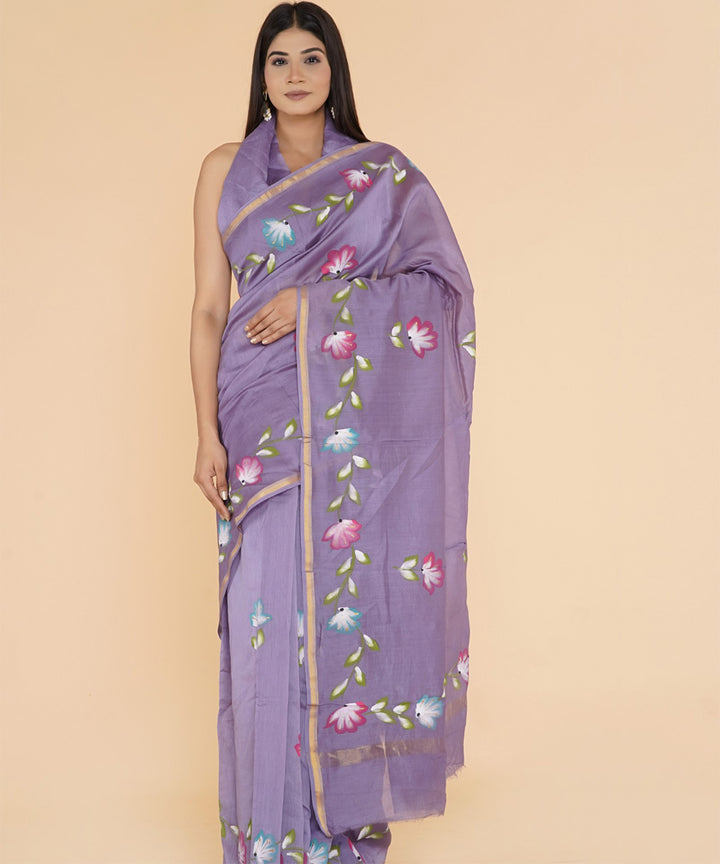 Purple hand sanganeri prinred cotton silk saree