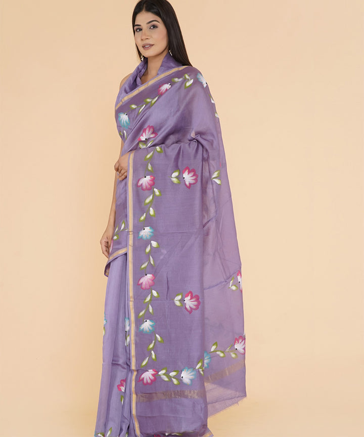 Purple hand sanganeri prinred cotton silk saree