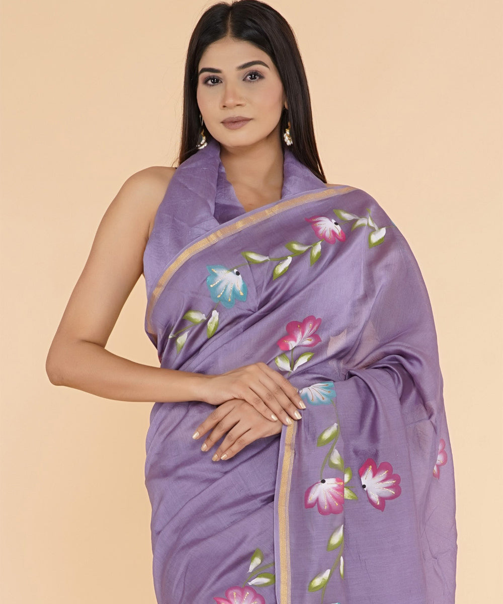 Purple hand sanganeri prinred cotton silk saree