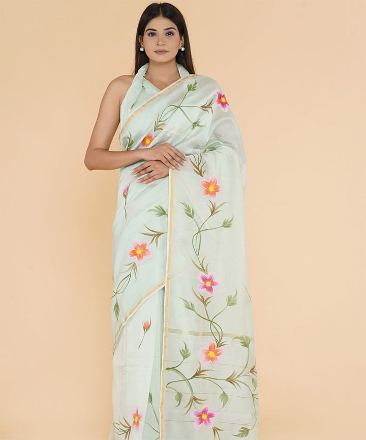 Green pink hand sanganeri prinred cotton silk saree