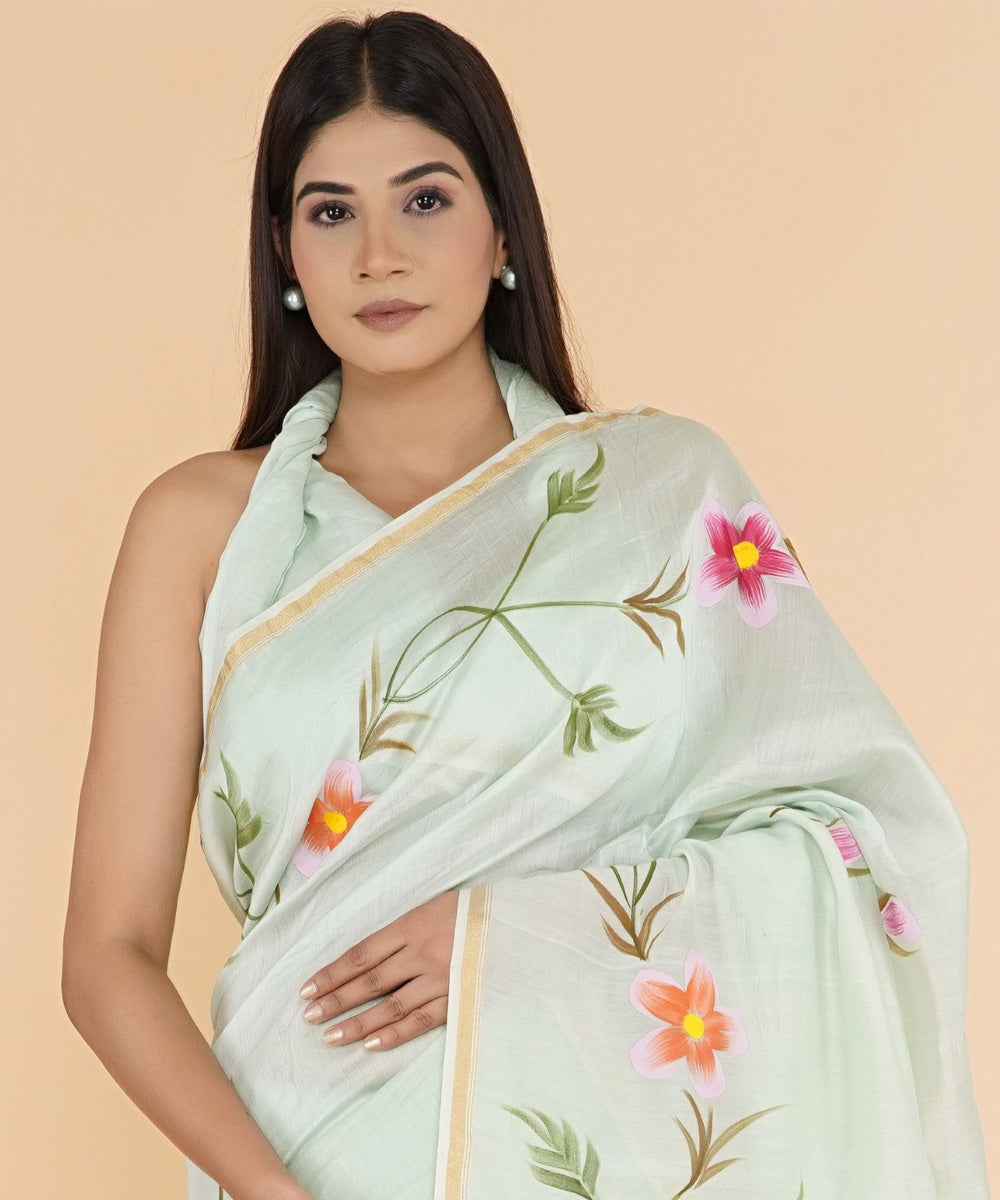 Green pink hand sanganeri prinred cotton silk saree