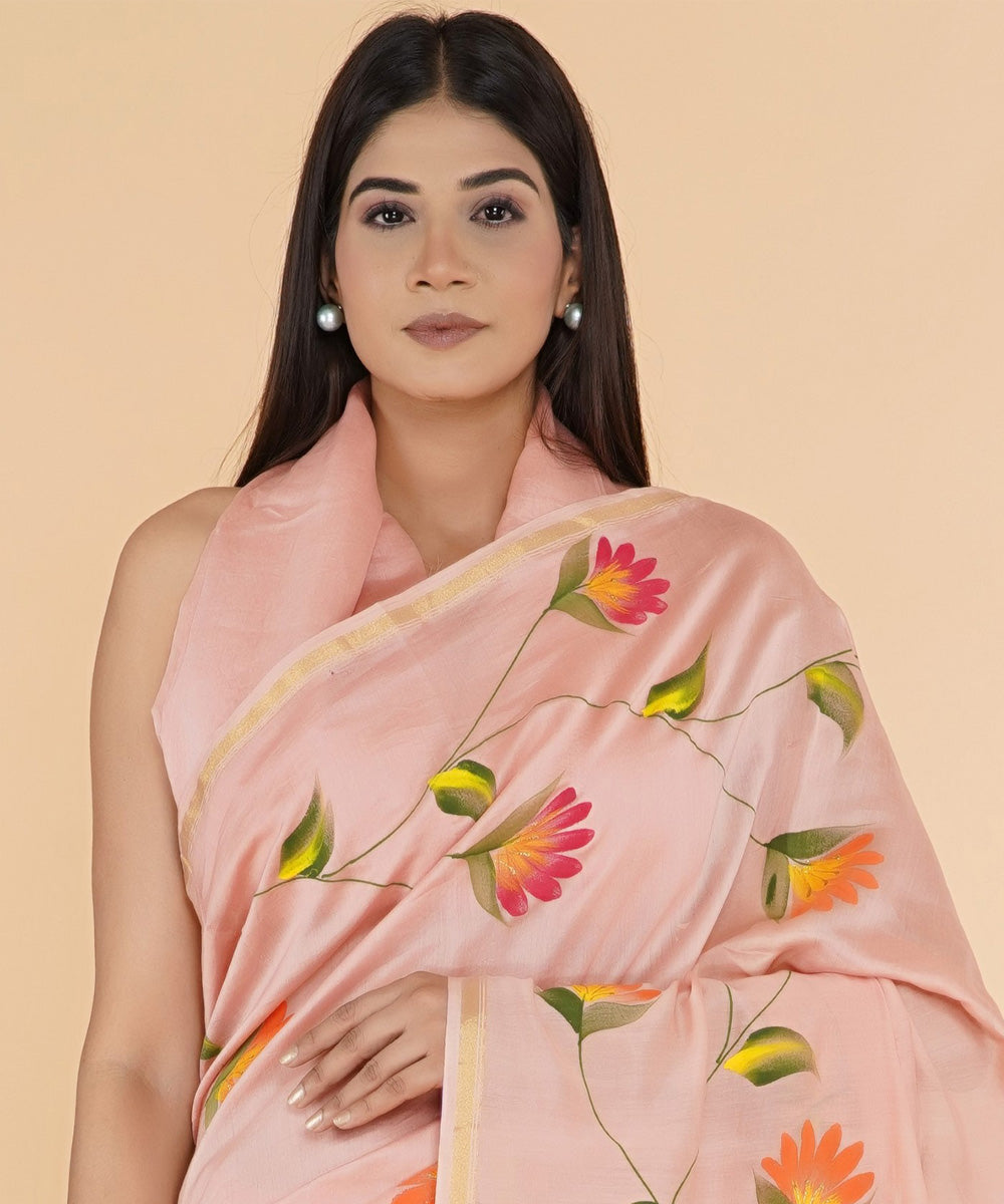 Peach pink hand sanganeri prinred cotton silk saree