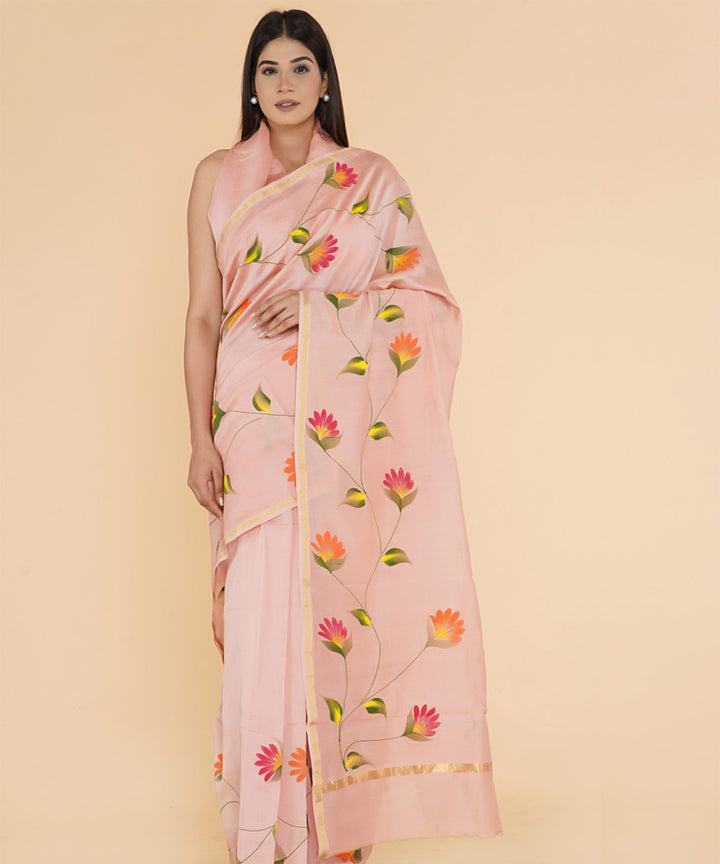 Peach pink hand sanganeri prinred cotton silk saree