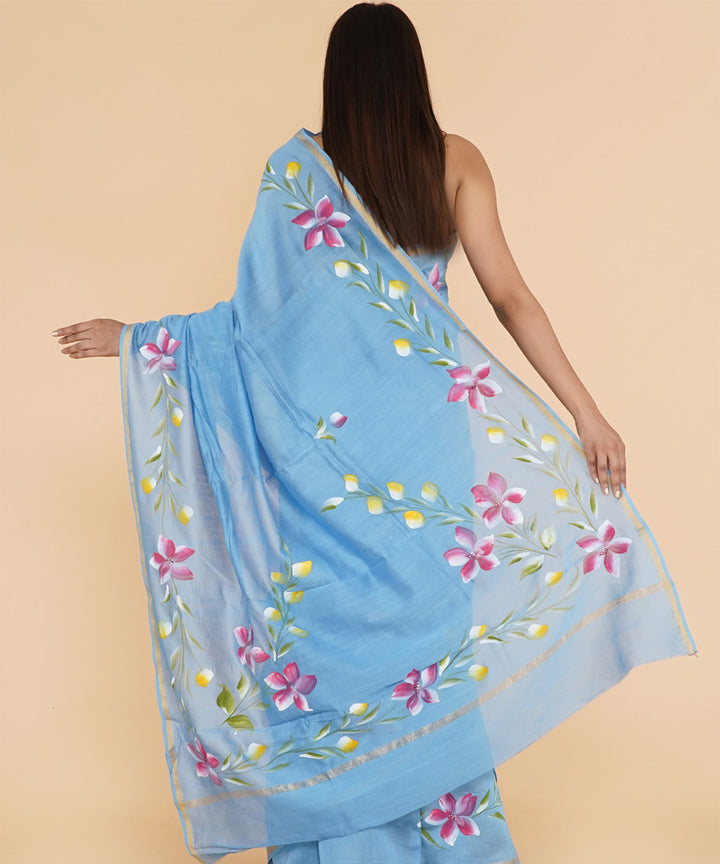 Sky blue pink hand sanganeri prinred cotton silk saree