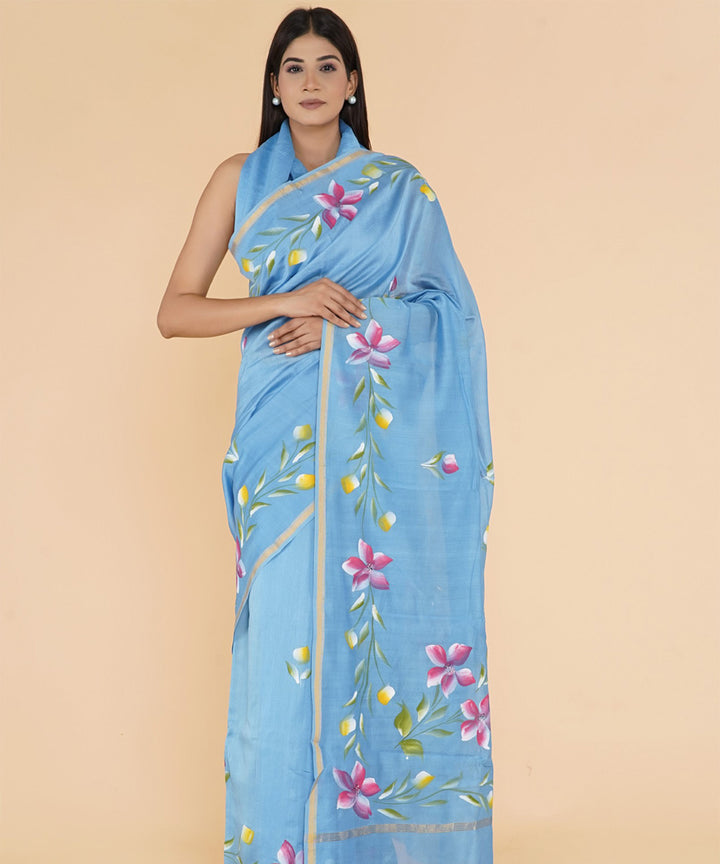 Sky blue pink hand sanganeri prinred cotton silk saree