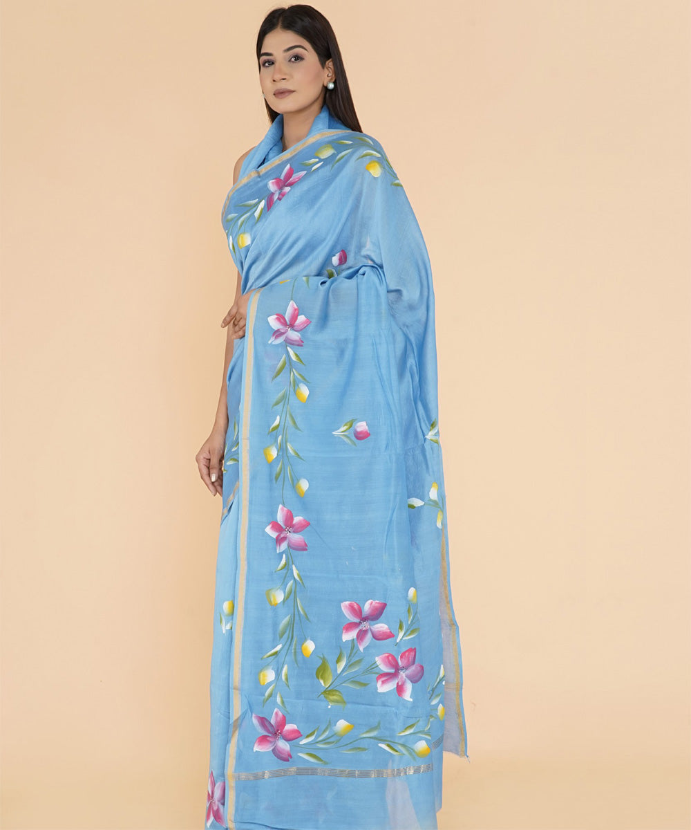 Sky blue pink hand sanganeri prinred cotton silk saree