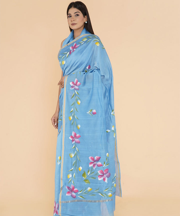 Sky blue pink hand sanganeri prinred cotton silk saree