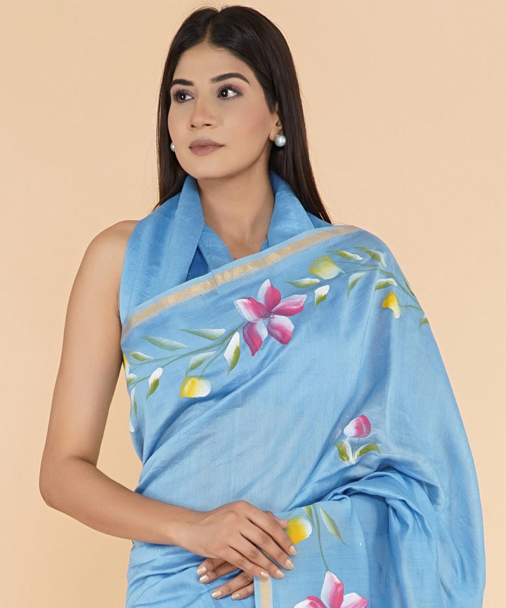 Sky blue pink hand sanganeri prinred cotton silk saree