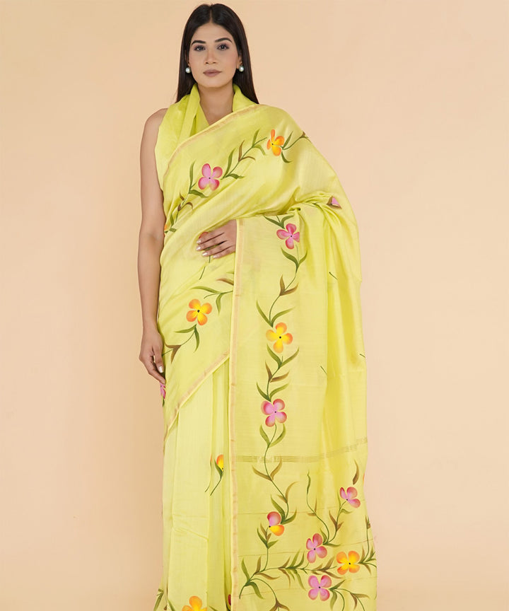 Yellow pink hand sanganeri prinred cotton silk saree