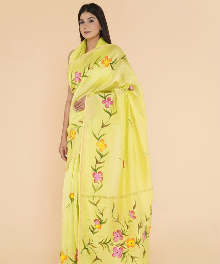 Yellow pink hand sanganeri prinred cotton silk saree