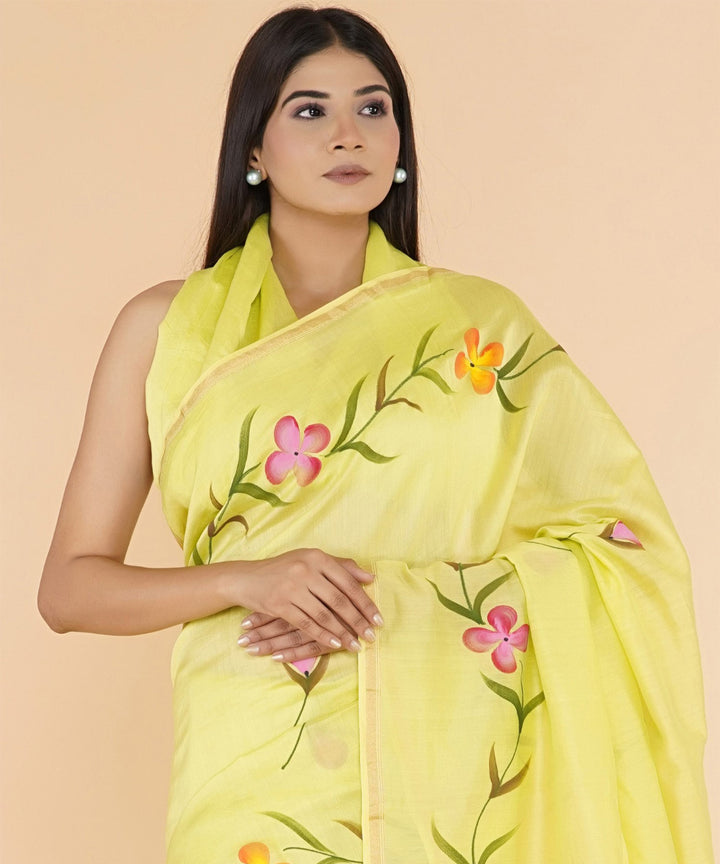 Yellow pink hand sanganeri prinred cotton silk saree