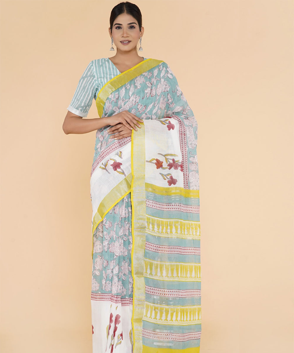 Multicolor floral hand sanganeri printed cotton saree