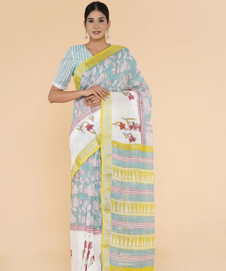 Multicolor floral hand sanganeri printed cotton saree