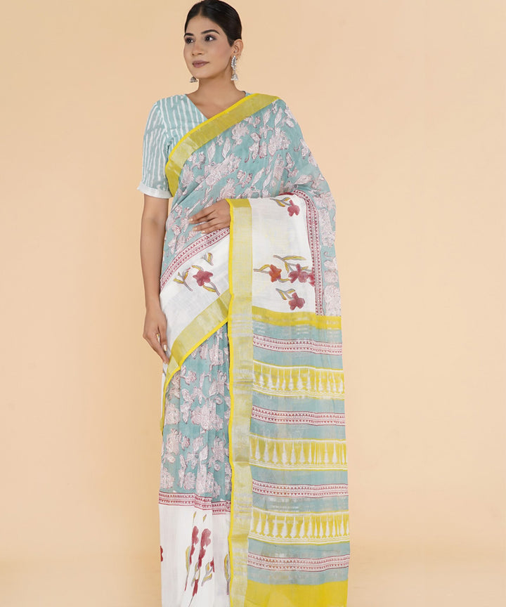 Multicolor floral hand sanganeri printed cotton saree