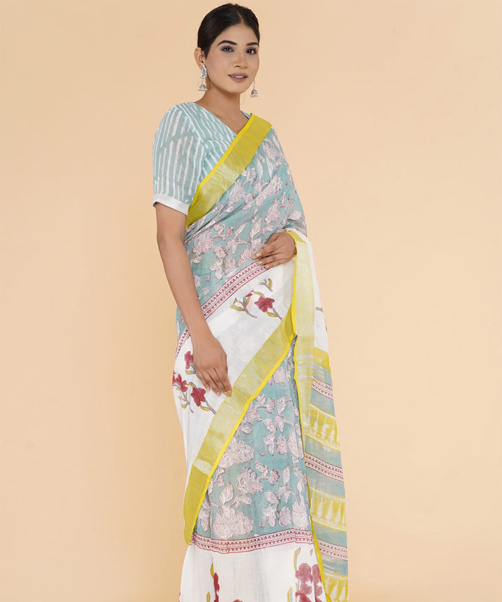 Multicolor floral hand sanganeri printed cotton saree