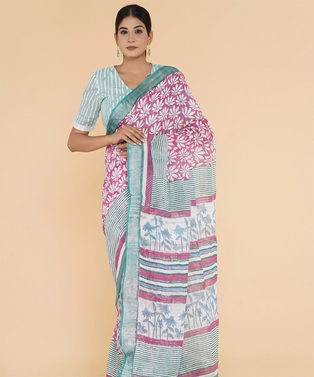 Pink light green hand sanganeri printed cotton saree