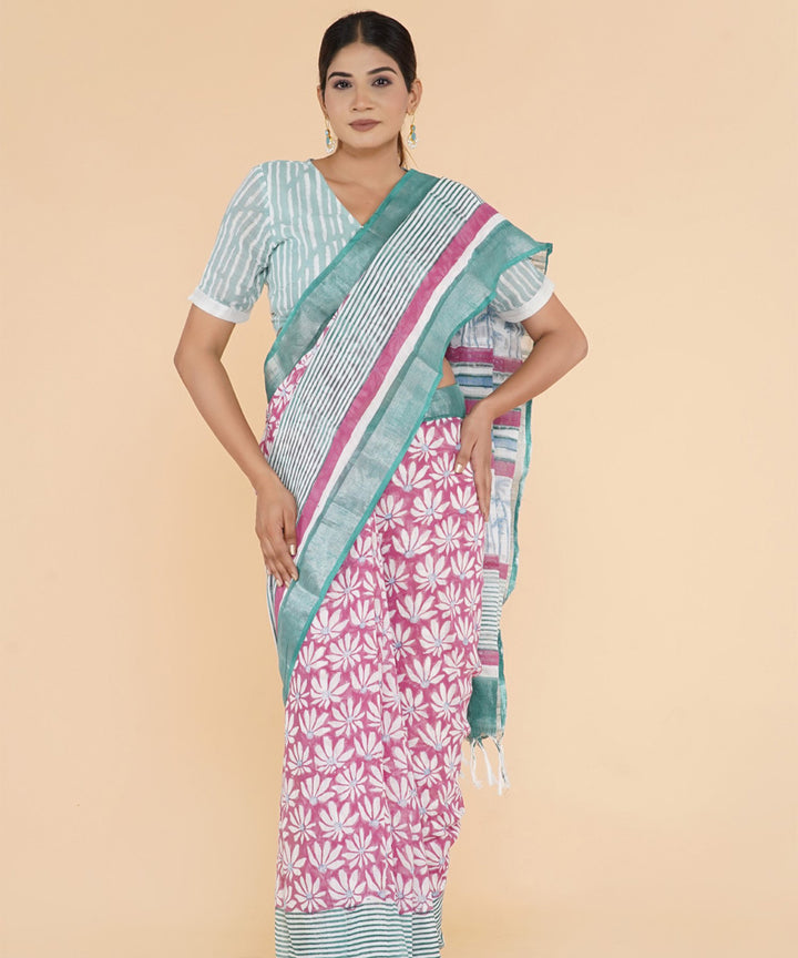 Pink light green hand sanganeri printed cotton saree