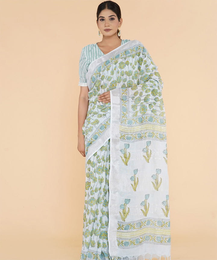 Green offwhite hand sanganeri printed cotton saree