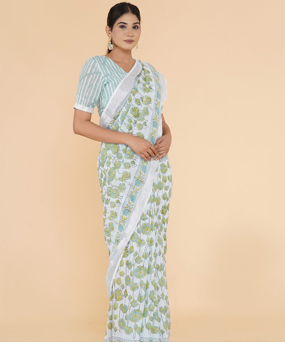 Green offwhite hand sanganeri printed cotton saree