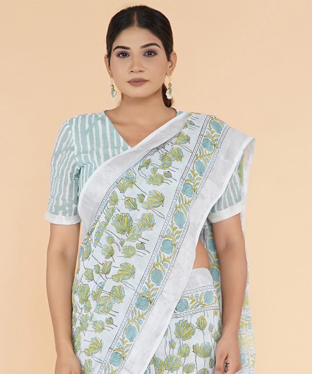 Green offwhite hand sanganeri printed cotton saree