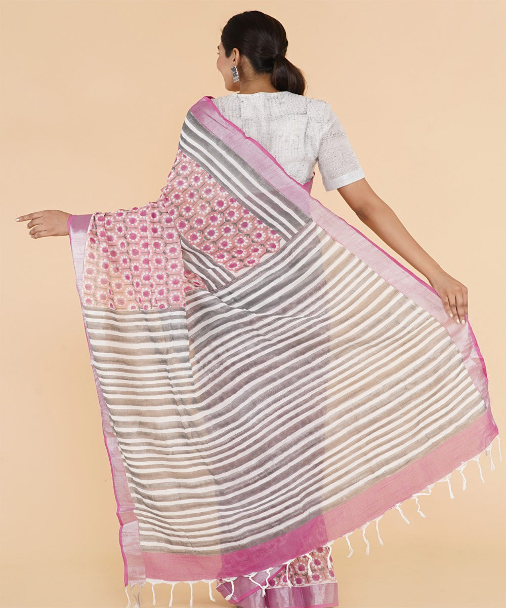 Pink hand sanganeri printed cotton saree