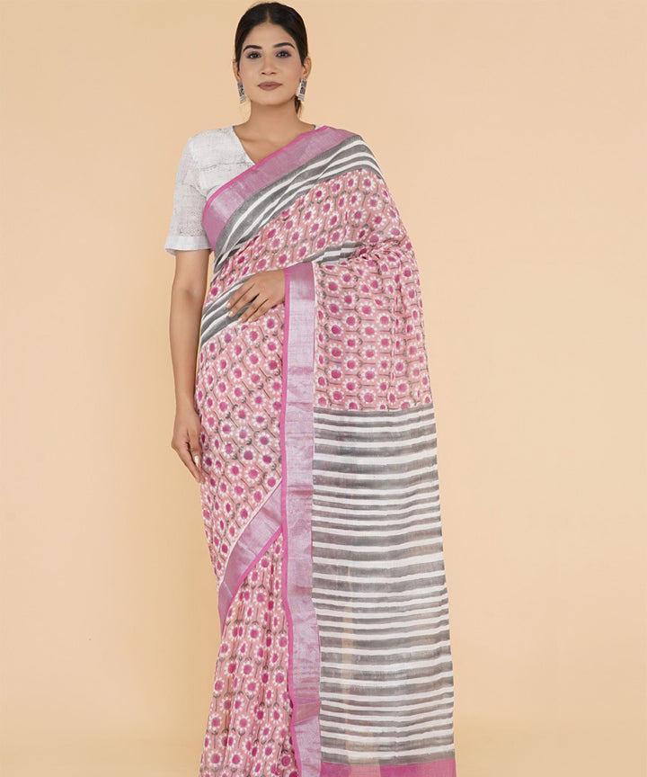 Pink hand sanganeri printed cotton saree