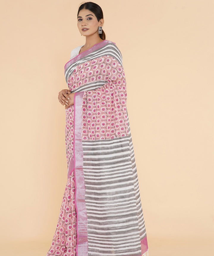 Pink hand sanganeri printed cotton saree