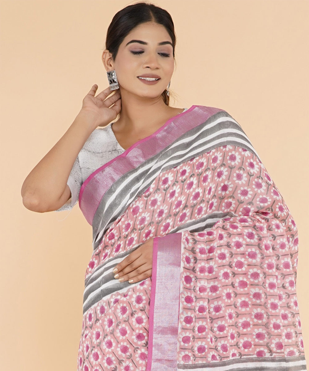 Pink hand sanganeri printed cotton saree