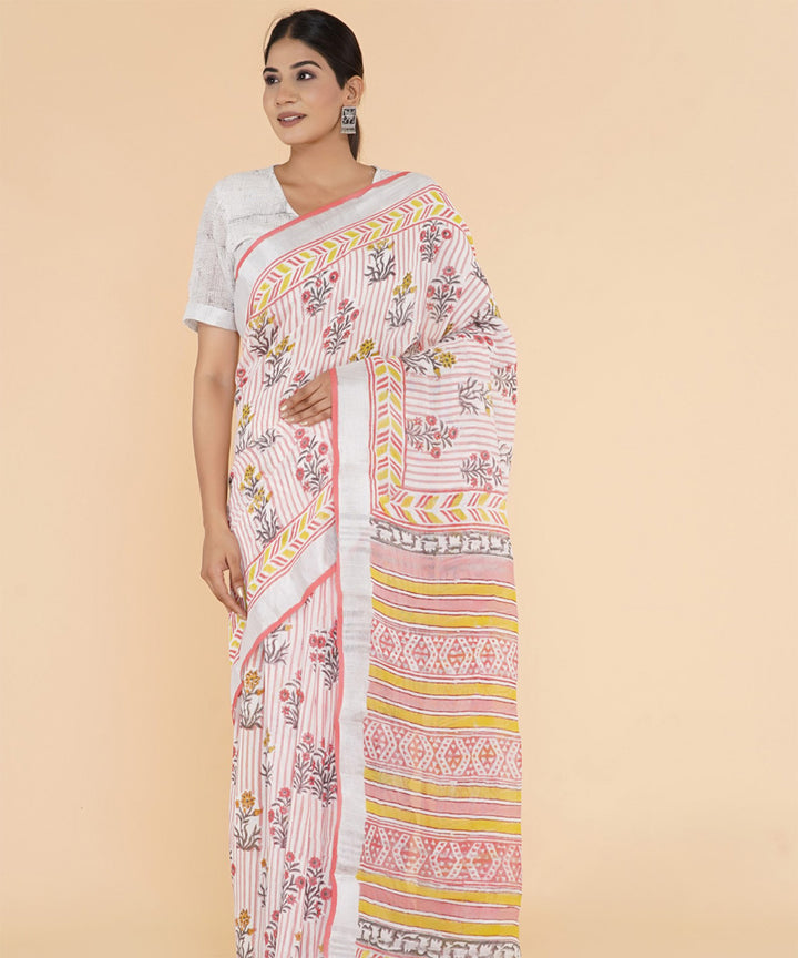 Multicolor floral hand sanganeri printed cotton saree