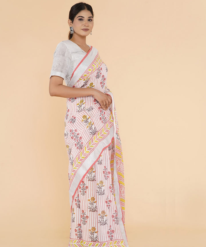 Multicolor floral hand sanganeri printed cotton saree