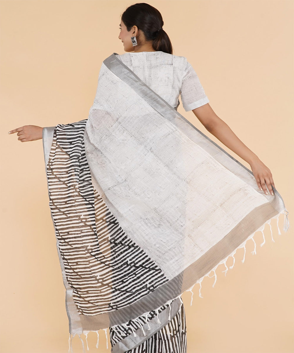 Black grey hand sanganeri printed cotton saree