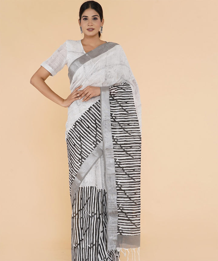 Black grey hand sanganeri printed cotton saree