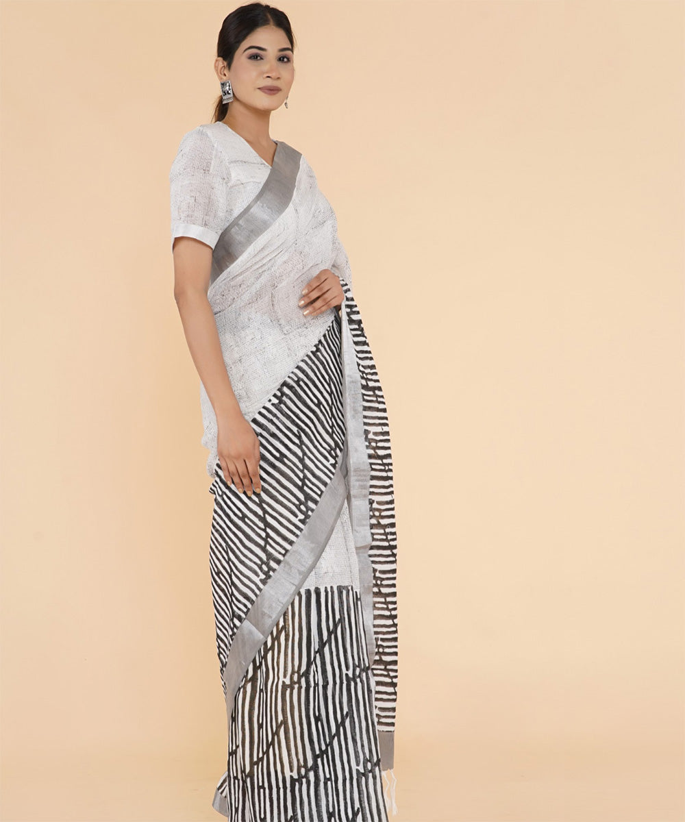 Black grey hand sanganeri printed cotton saree