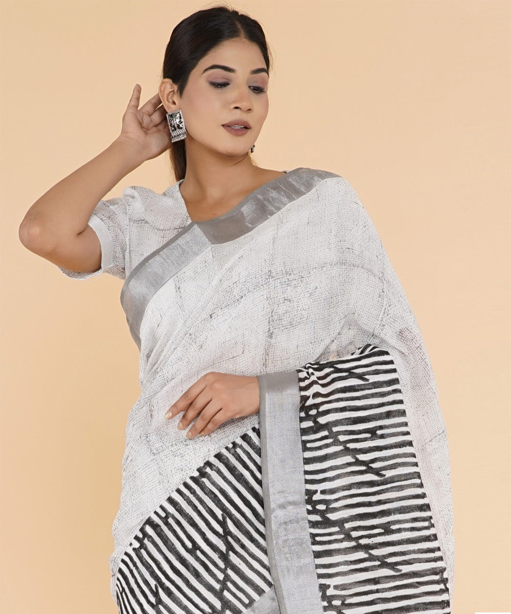 Black grey hand sanganeri printed cotton saree