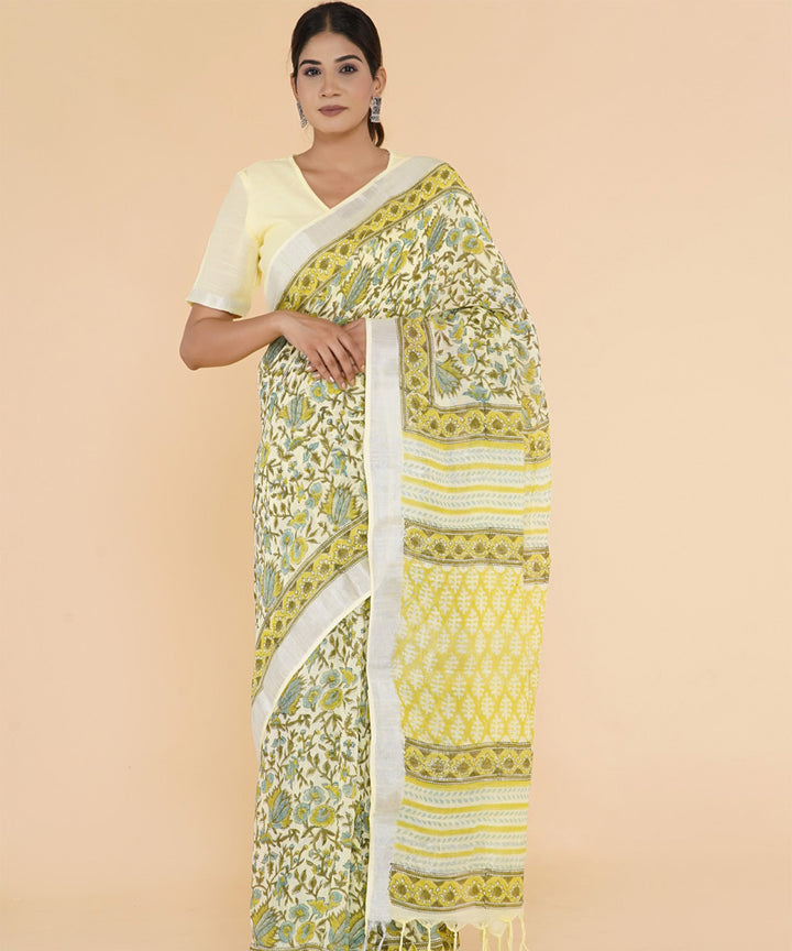 Yellow deep green hand sanganeri printed cotton saree