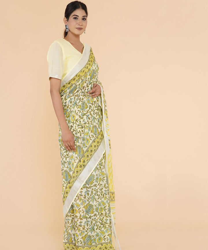 Yellow deep green hand sanganeri printed cotton saree