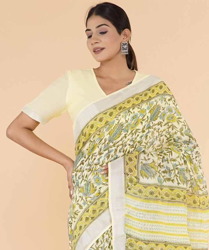 Yellow deep green hand sanganeri printed cotton saree