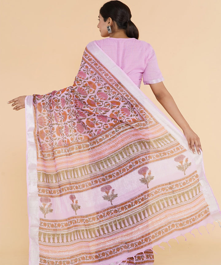 Pink pink hand sanganeri printed cotton saree