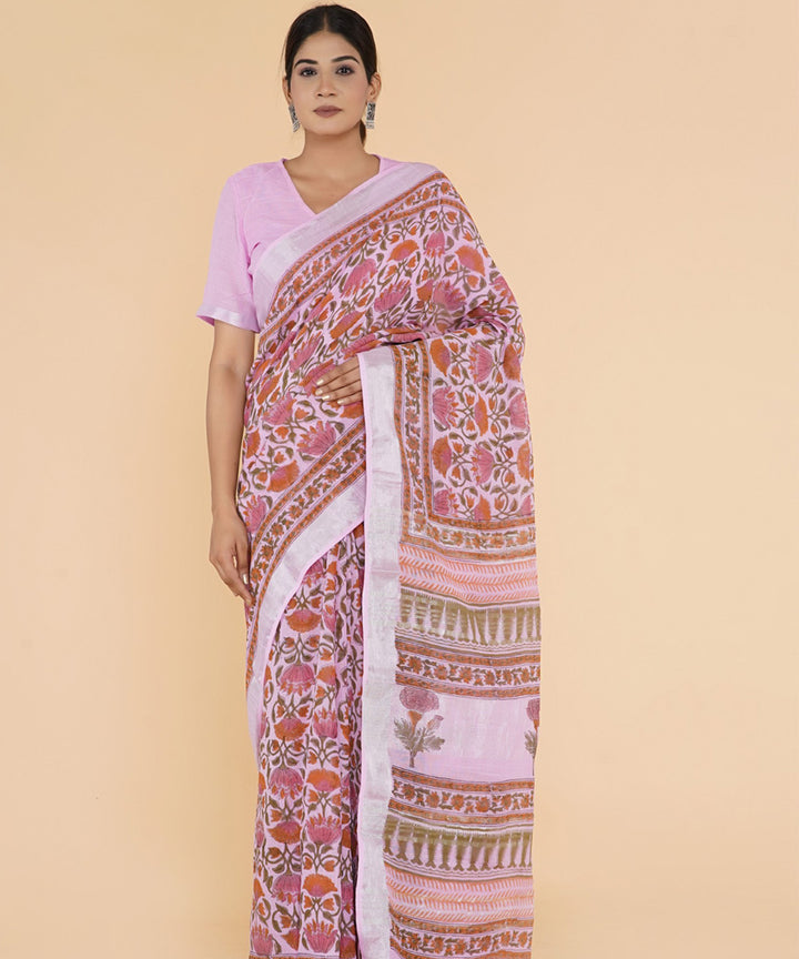 Pink pink hand sanganeri printed cotton saree