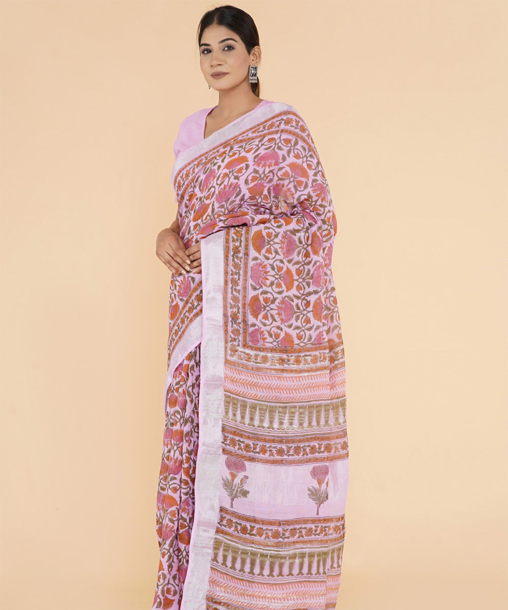 Pink pink hand sanganeri printed cotton saree